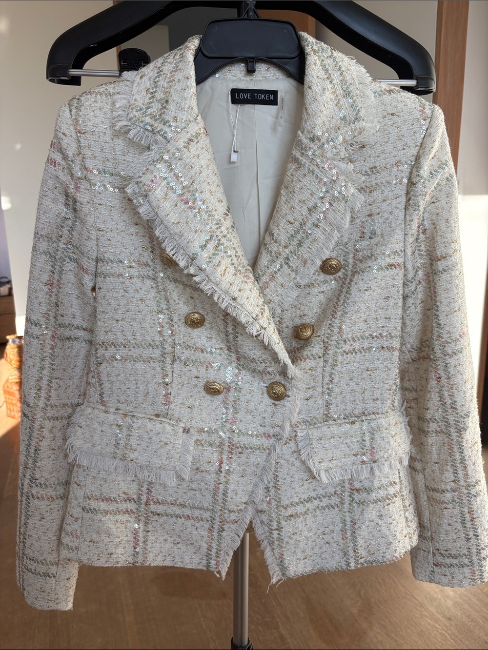 Love Token Cream Tweed Double-Breasted Blazer with Gold Buttons